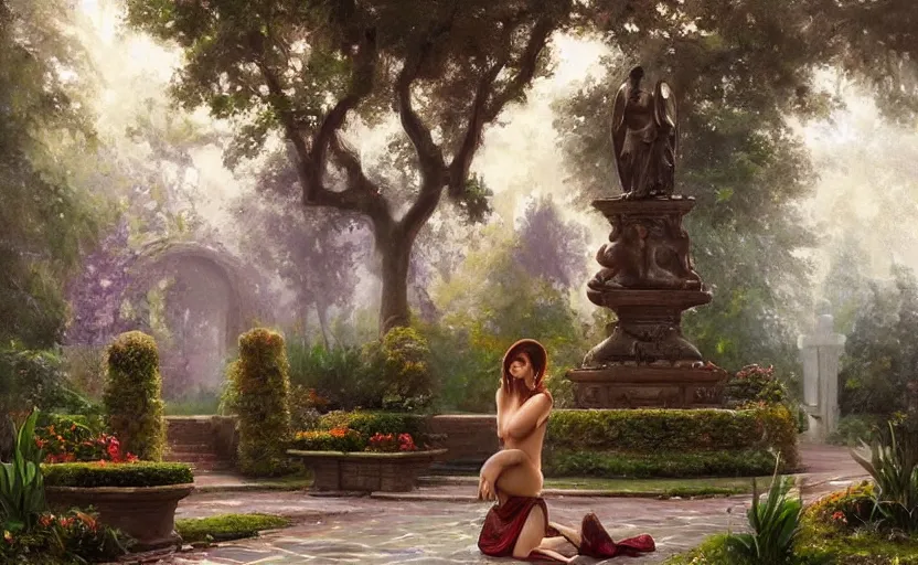 Image similar to The kneeling statue of a woman in a beautiful garden, next to a fountain and a mystical palace, and all this in a foggy and mysterious atmosphere. Fantasy and concept art by Konstantin Razumov.