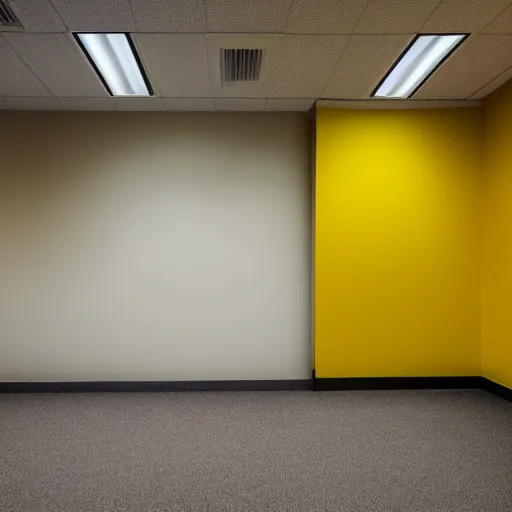 Image similar to a photograph of an emty office with mono yellow walls,brown moist carpet and fluorescent lights,creepy,eerie,4k,real photo,natural lights,mysterious,professional photography