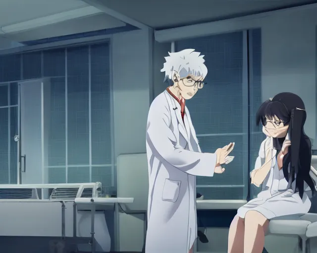 Image similar to a cute and beautiful young female doctor wearing white coat are talking with an old professor in a hospital, slice of life anime, lighting, anime scenery by Makoto shinkai