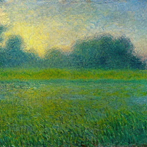 Image similar to a large gelatinous blob monster roaming threw a field, landscape, in the style of monet