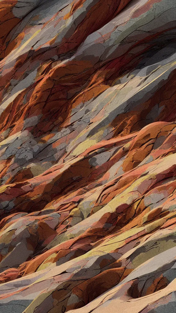 Image similar to vivid color, sedimentary schematic, organic swirling igneous rock, marbled veins, architectural drawing with layers of strata, ochre, sienna, gray, olive, dramatic lighting, rock texture, sand by James jean, geology, octane render in the style of Luis García Mozos