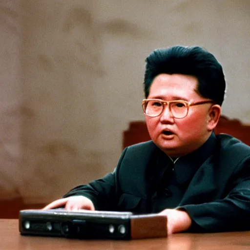 Image similar to Kim Jong-il in the role of Rambo, 35mm filmstill, cinemascope