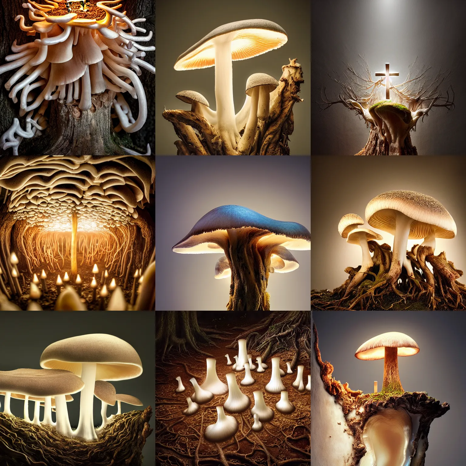 Image similar to a beautiful macro photography on a rotten stump is a small family of conical oyster mushrooms, conical oyster mushrooms suspiciously reaching for an dissected cross on the wall, beautiful magic shiny dissected cross on the wall, hyper detailed, warm volumetric lights, made by gerald brom and mike winkelmann, photorealism