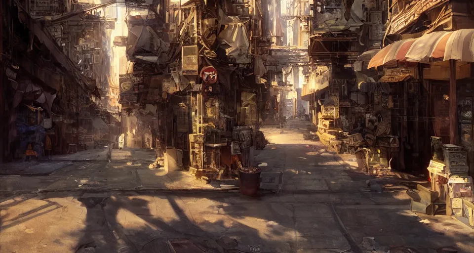 Image similar to craig mullins and ghibli digital art of american city, street, 1 9 2 0, sunset alley, the half - human, half - cat monster watches you, its body hidden in the shadow unreal engine, hyper realism, realistic shading, cinematic composition, realistic render, octane render, detailed textures, photorealistic, wide shot