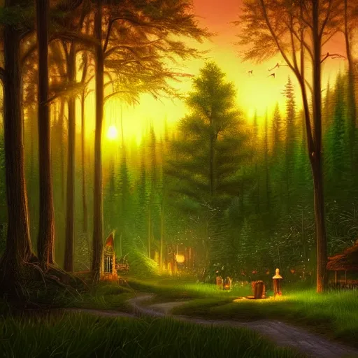 Prompt: fireflies in a forest inspired by Evgeny Lushpin,cottage,sunset,spring,cinematic,trending on ArtStation