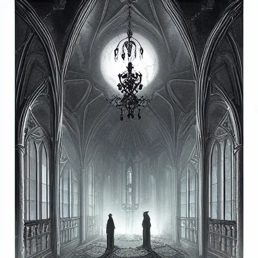 Prompt: large gothic hall with large chandelier under the ceiling, eyes over the windows, horror movie, moonlight, artstation, detailed, colorfull, futuristic