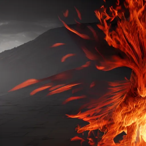 Prompt: photorealistic render of a detailed flaming phoenix wings spread 8 k extremely detailed hd hyperrealism unreal engine daz 3 d