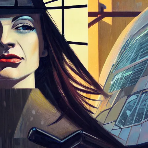 Prompt: detailed face of a woman, clockwork, moment, tectonic sky, skydome, bullet train, turbines, utopian, tech noir, wet reflections, prism, atmospheric, ambient, pj crook, syd mead, emma uber, greg rutkowski, edward hopper