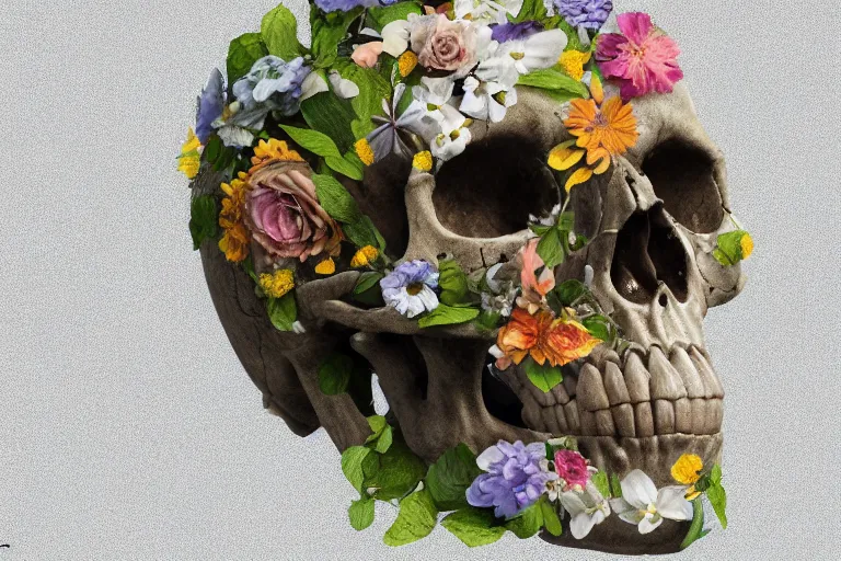 Image similar to human skull made entirely from flowers with flowes in its eyes, artstation, illustration, hd, hq, high resolution, high detail, 4 k, 8 k