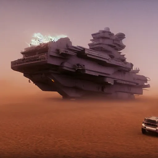 Image similar to cyberpunk cinematic scene of a wreckage of a gigantic stranded sci-fi aircraft carrier in the desert surrounded by dunes, quads and jeeps Madmax style. Haze and a sandstorm is gathering in the sky, gloomy mood, epic scene, hyperrealistic, intricate detail, photo-realistic. Cinematic and volumetric light. Epic concept art. Octane render and Unreal Engine