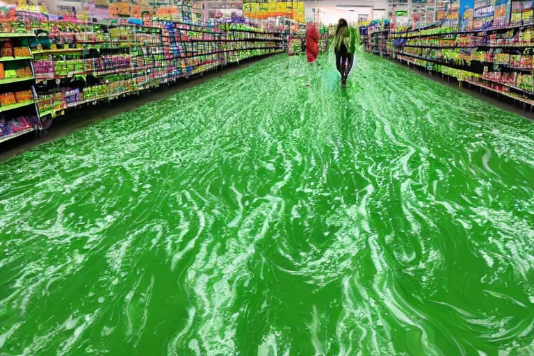 Image similar to rivers of green nickelodeon slime running down the aisles of walmart