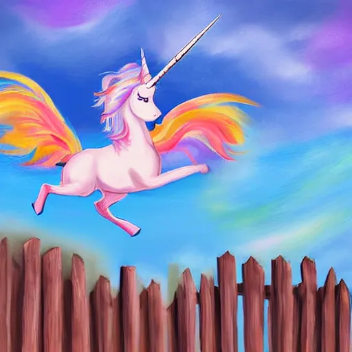 Image similar to an overweight unicorn pegasis flying over a fence, digital painting