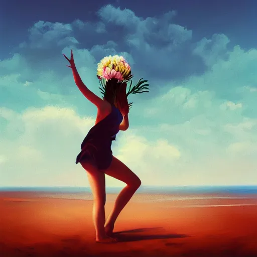 Image similar to portrait, giant rose flower head, girl dancing at the beach, surreal photography, sunrise, blue sky, dramatic light, impressionist painting, digital painting, artstation, simon stalenhag