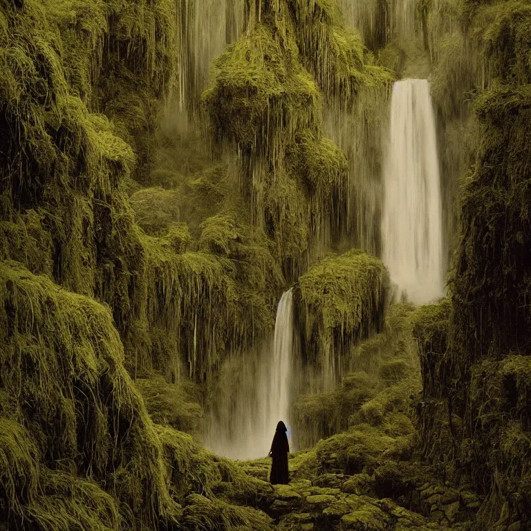 Prompt: dark and moody 1 9 8 0's artistic color spaghetti western film, a giant tall huge woman in an extremely long dress made out of waterfalls, standing inside a green mossy irish rocky scenic landscape, huge waterfall, volumetric lighting, backlit, atmospheric, fog, extremely windy, soft focus, by ansel adams and wes anderson