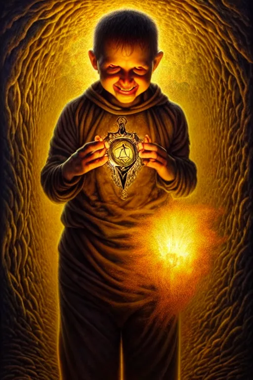 Prompt: The Intern, tarot card, by tomasz alen kopera and Justin Gerard, tiny child, eager smile, frightened eyes, teddy bear, symmetrical features, ominous, magical realism, texture, intricate, ornate, royally decorated, whirling yellow smoke, embers, radiant colors, fantasy, trending on artstation, volumetric lighting, micro details, 3d sculpture, ray tracing, 8k, anaglyph effect