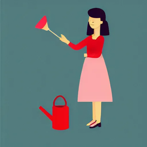 Prompt: a woman holding a watering can on top of a light blue flower, flat design, flat colors, illustration