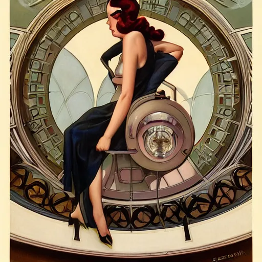 Image similar to a streamline moderne!, art nouveau, ( ( dieselpunk ) ) painting in the style of charlie bowater, and in the style of donato giancola, and in the style of charles dulac. symmetry, smooth, sharp focus, dramatic lighting, semirealism, hyperrealism, intricate symmetrical ultrafine background detail.