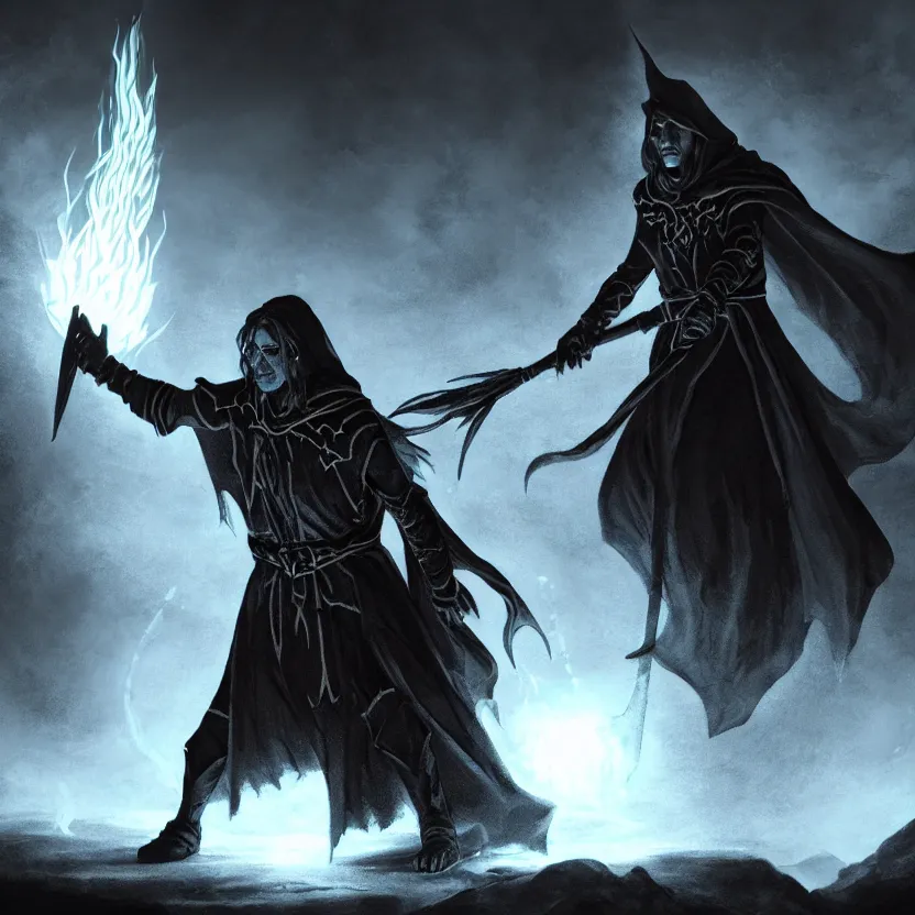 Prompt: a WOTC DnD archmage wizard, spellcasting fire magic spell, sinister dungeon scene, high contrast, cinematic ambient lighting, fantasy LOTR matte painting illustration