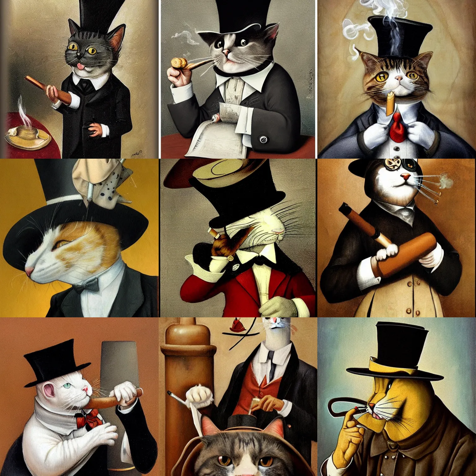 Prompt: cat wearing a top hat and suit, smoking a cigar, hieronymus bosch, mark brooks
