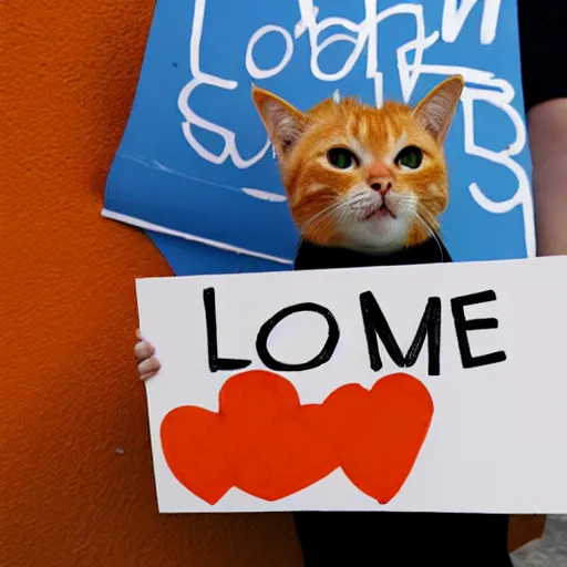 Image similar to cute orange tabby cat holds sign that says