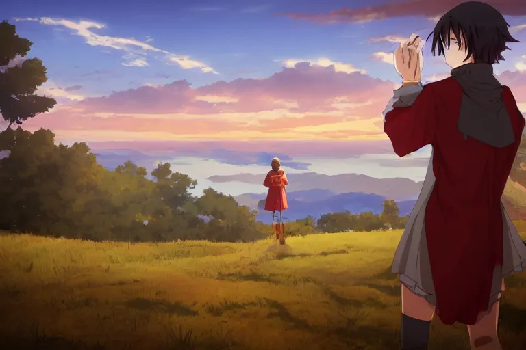 Prompt: anime teen in renaissance dress standing with his back to us, looking to beautiful horizon, rock, trees, lit by sunset, polaroid, 4k, 8k, hd, high-detailed, artstation trending, award winning