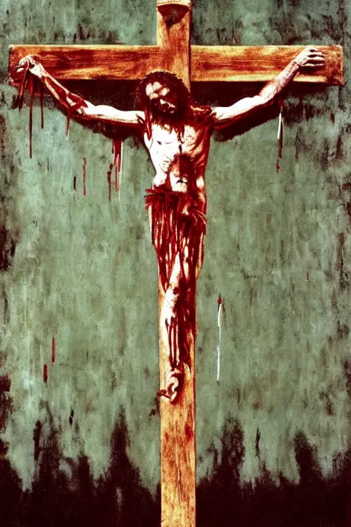 Image similar to bloody christ crucified on a very big mushroom painted in by cy twombly and andy warhol