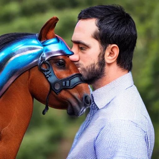 Image similar to man wearing horse head mask on shoulder of man