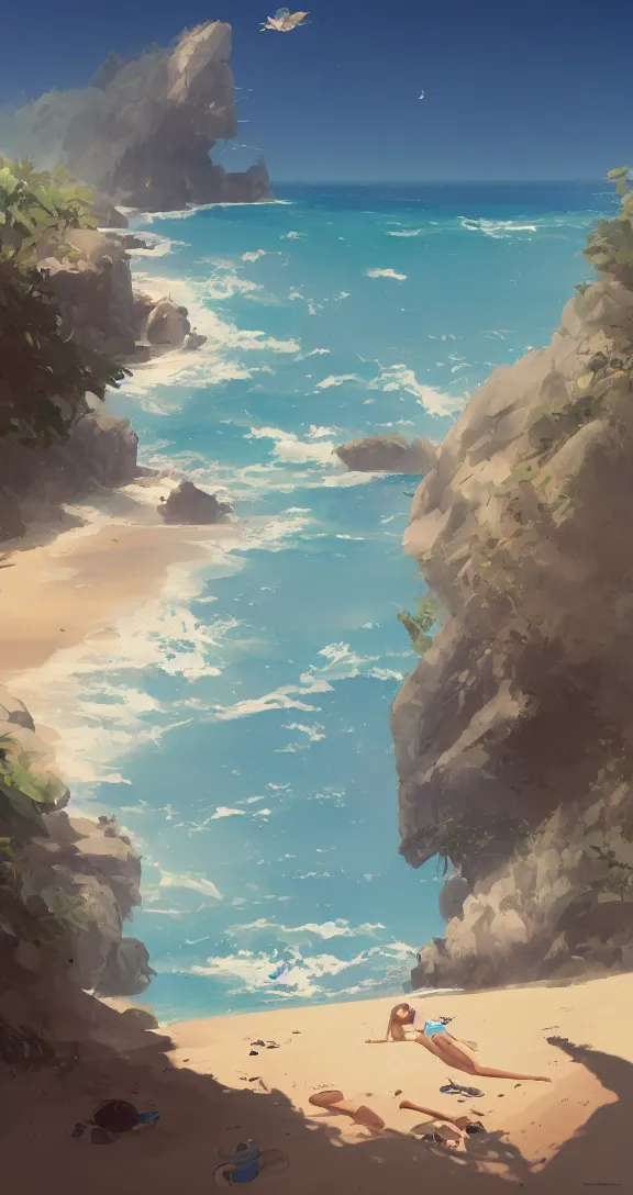 Image similar to Sunbathing at the beach, lots of ocean, very vertical, tropical, bright, simple, by Studio Ghibli and Greg Rutkowski, artstation