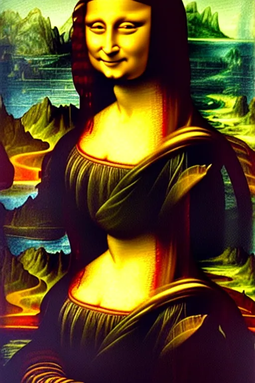 Image similar to a painting that reminds you of leonardo da vinci's mona lisa, but it's not, it's just a portrait but in style by lisa frank and jim lee character portrait, intricate, elegant, highly detailed, digital painting, artstation, concept art, smooth, sharp focus, illustration, art by artgerm and greg rutkowski and alphonse mucha