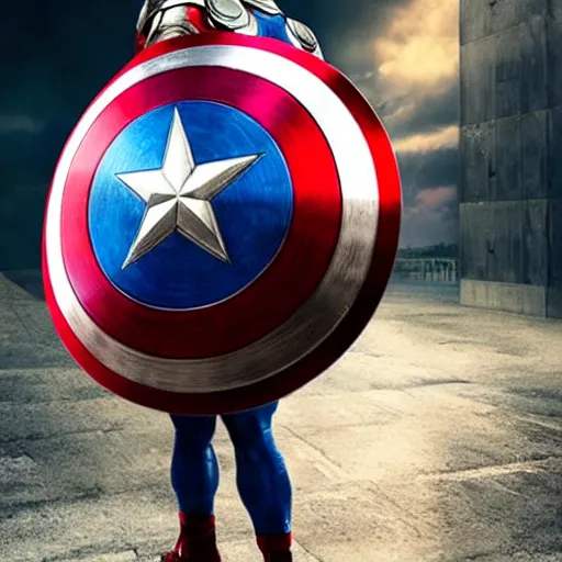 Image similar to Thor use his hammer and smash captain America shield , cinematic, dramatic, FX , hyper real