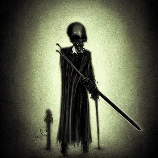 Prompt: surrealism grunge cartoon portrait sketch of the Grim Reaper with a scythe, by michael karcz, loony toons style, freddy krueger style, horror theme, detailed, elegant, intricate