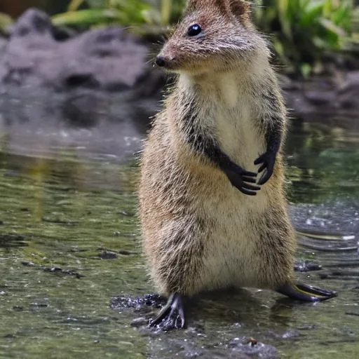 Prompt: quokka holding a mudskipper next to a river, painting