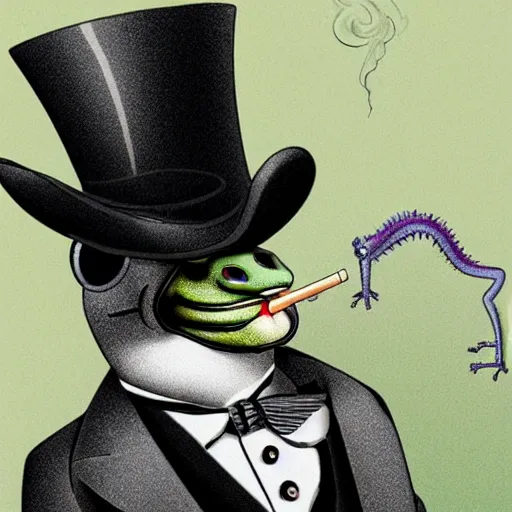 Image similar to Photo of a gecko in a top hat smoking a cigar, holding a martini