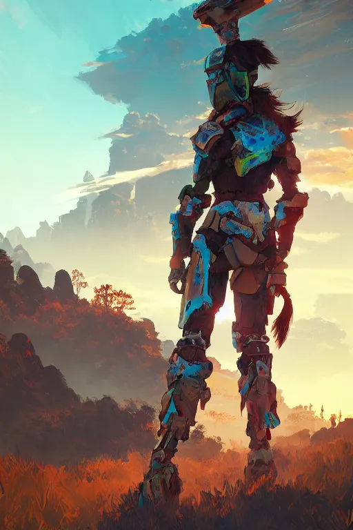 Image similar to combination suit armor aloy horizon forbidden west horizon zero dawn radiating a glowing aura global illumination ray tracing hdr fanart arstation by ian pesty and alena aenami artworks in 4 k tribal robot ninja mask helmet backpack