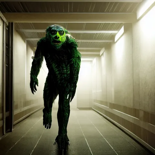 Image similar to sci - fi movie still frame, skinned monster in hi - tech corridor, photorealistic