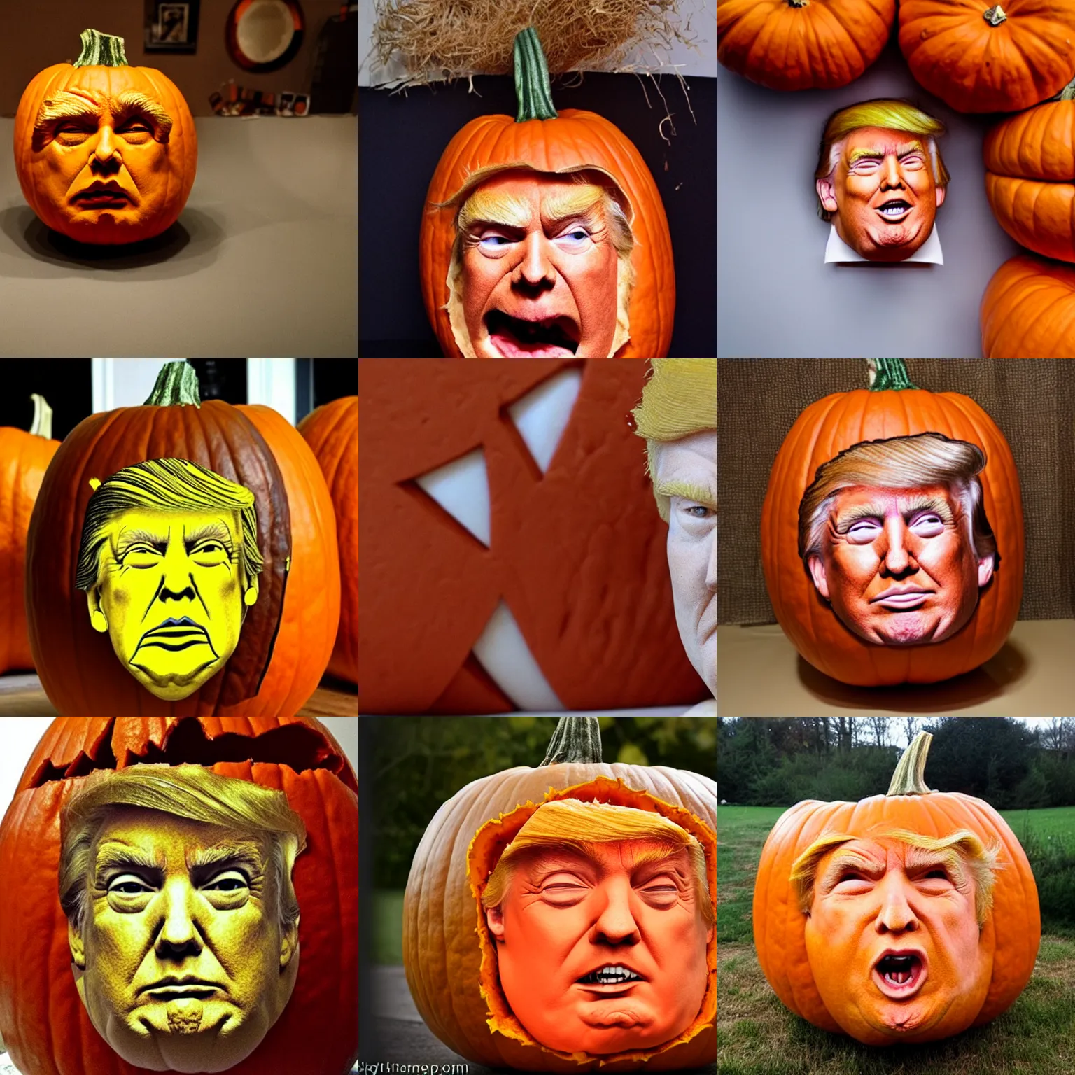 Prompt: donald trump face inside a pumpkin, pumpkin skin, messy hair, face, pumpkin