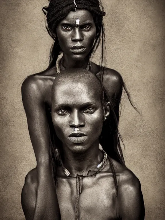 Prompt: Award winning full-body photo of an ancient African androgynous model, with incredible hair and beautiful eyes wearing traditional garb by Lee Jeffries, 85mm ND 4, perfect lighting, gelatin silver process