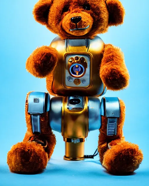 Prompt: high quality presentation night photo of an illuminated cute retro toy robot teddy bear, photography 4k, f1.8 anamorphic, bokeh, 4k, Canon, Nikon