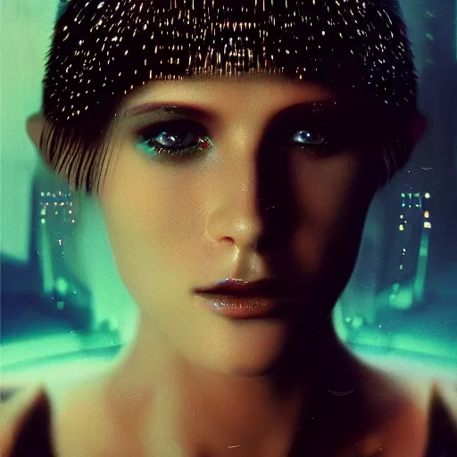 Image similar to portrait of a stunningly beautiful futuristic female replicant from blade runner, depth of field, zeiss lens, detailed, symmetrical, centered, fashion photoshoot, by Annie Leibovitz and Steve McCurry, David Lazar, Jimmy Nelsson, Breathtaking, 8k resolution, extremely detailed, beautiful, establishing shot, artistic, hyperrealistic, beautiful face, octane render