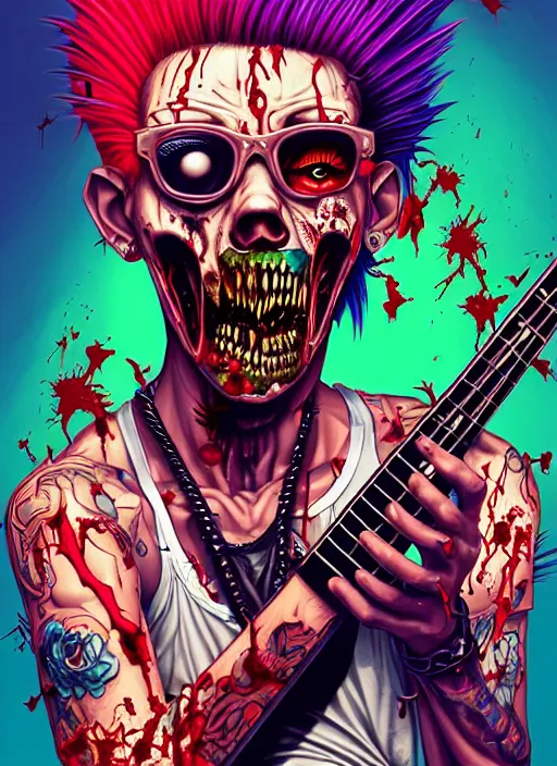 Image similar to a zombie punk rocker with a mohawk playing electric guitar, tristan eaton, victo ngai, artgerm, rhads, ross draws, cinematic by francis tneh