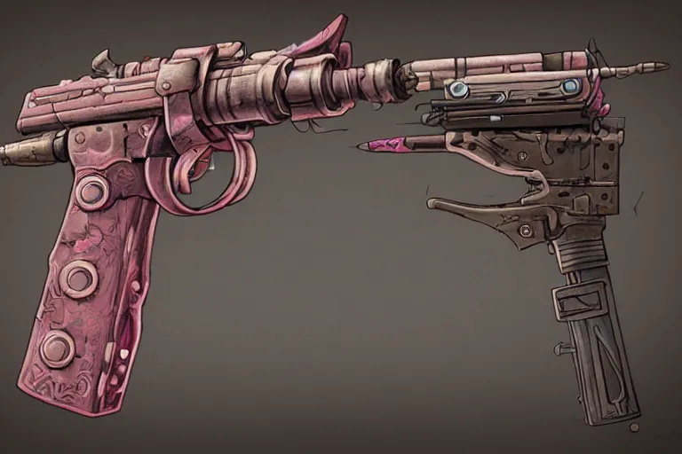 Prompt: a girl's gun made by pink fur, steampunk, hyperdetailed, artstation