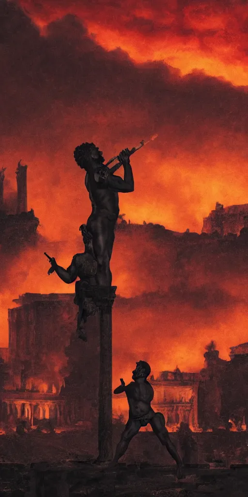 Image similar to black silhouette realistic painting of roman emperor nero as a dwarf playing the flute while roman structures are on fire in background, hyper realistic, 8 k resolution, roman amphitheater and skyline of ancient rome is on fire, red skies, smoke billows over the horizon, b 5 2 bombers dropping bombs on city as nero plays flute