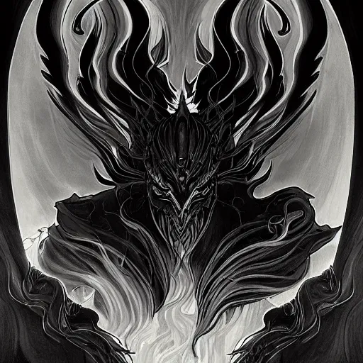 Image similar to full body grayscale drawing by Anato Finnstark of wingless balrog in heroic pose, swirling flames, alphonse mucha,