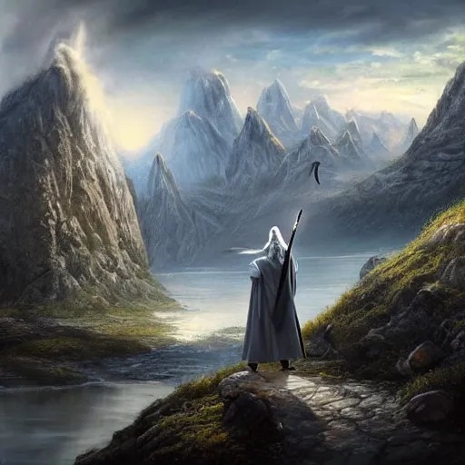 Prompt: Gandalf the grey om his horse protecting the city from an imminent meteor strike with his staff mountains in the distance, wide angle shot, hyper realistic painting, middle earth vibes