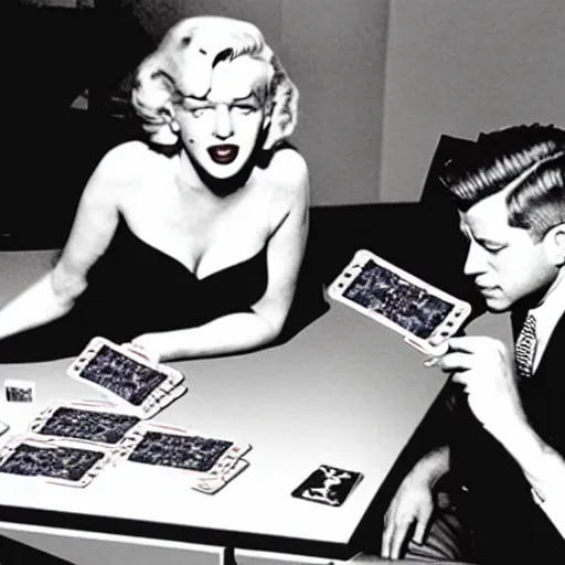 Image similar to marilyn monroe and jfk playing yu - gi - oh with dual disks