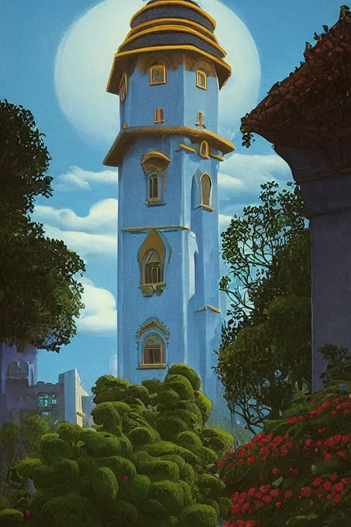 Image similar to view of the mysterious blue tower in its gardens after a storm, tall windows, beautiful moorish ornament, dramatic cinematic lighting, rich colors, by April Gornik and Nicholas Roerich and Sylvain Sarrailh and Ludwig Deutsch