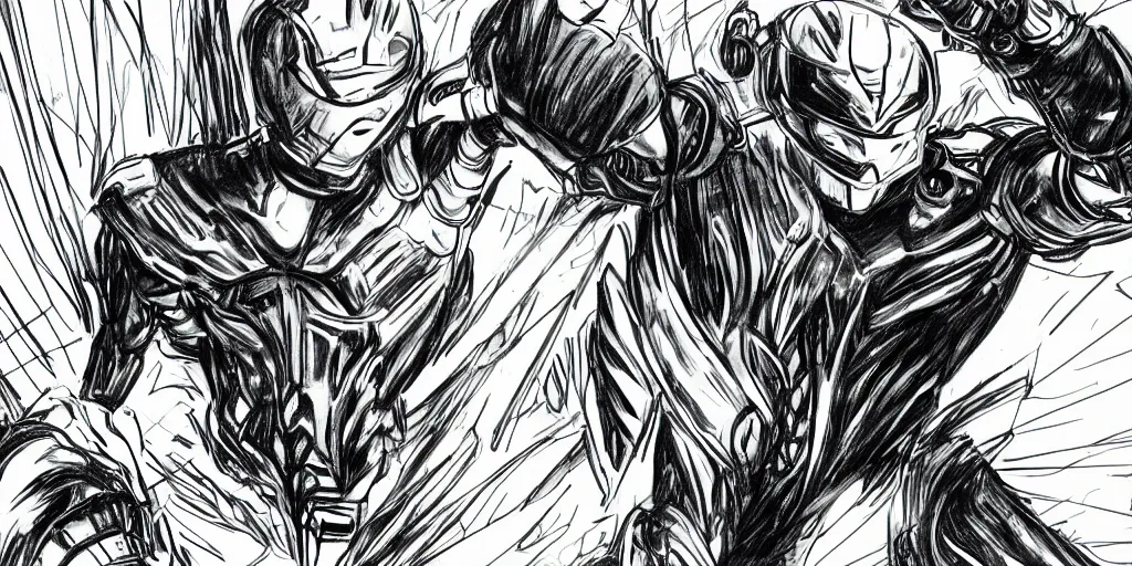 Prompt: pencil sketch storyboard, a man wearing futuristic sleek gauntlets, chest piece and helmet powers up as pulsing lines of energy swirl around him