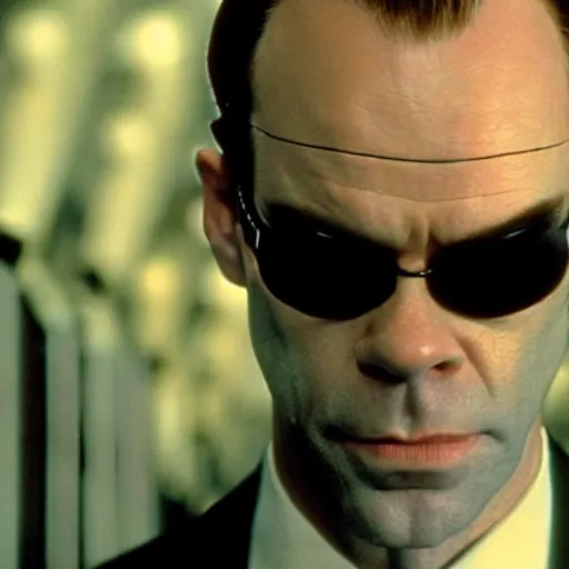 Image similar to close - up of hugo weaving as agent smith in the matrix, movie still frame, promotional image, imax 7 0 mm footage