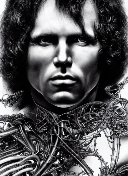 Prompt: Jim Morrison by Yoshitaka Amano, by HR Giger, biomechanical, profile portrait, 4k, wide ayes, hyper detailed, hyperrealism, anime