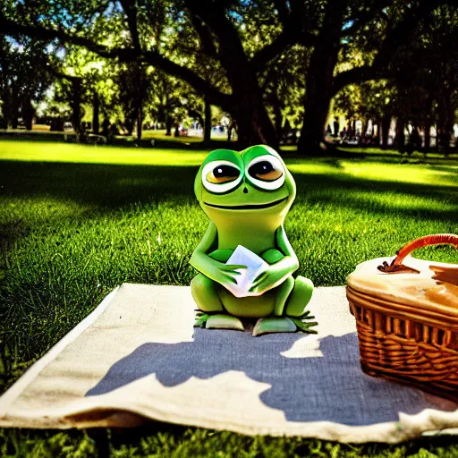 Prompt: Little Pepe the Frog sitting on a picnic in the park. 25mm, focused, masterpiece, soft lights, International Photography Awards, photo by Steve Hanks